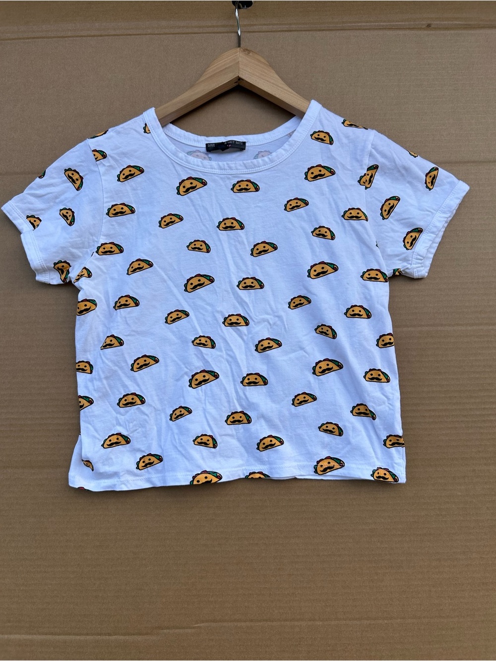 White Taco Print Crop Top Shirt Women Small Mustache Novelty Y2K Short Sleeve
